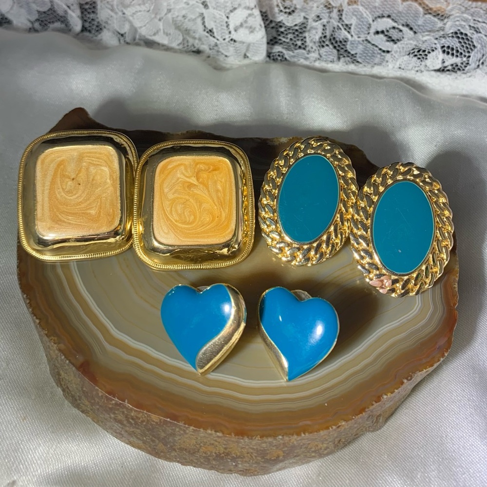 Vintage Gold and Blue Earring Trio